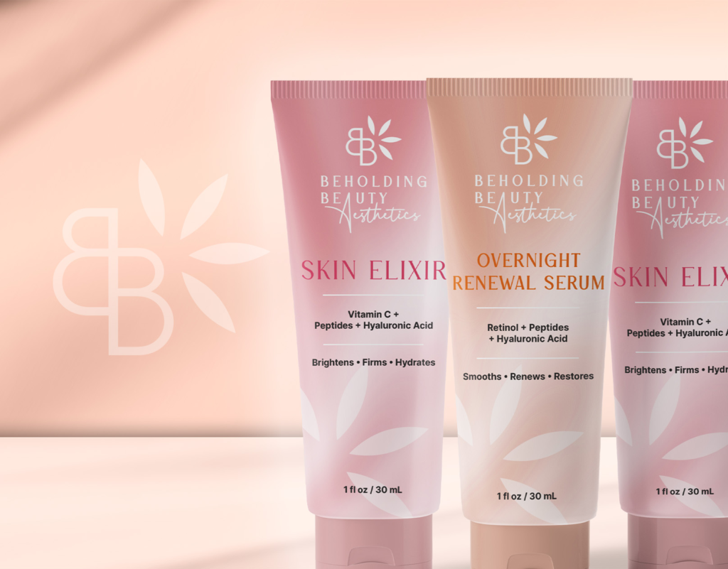Beholding Beauty Aesthetics packaging mockup by Jeanine Kelley Design