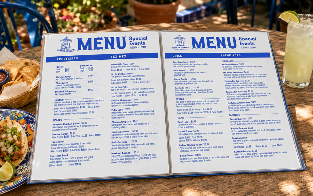 Senior Birds menu design by Jeanine Kelley