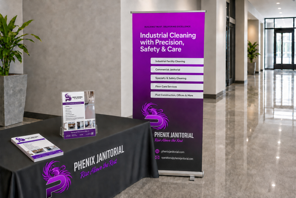 Phenix Janitorial logo refresh and marketing by Jeanine Kelley